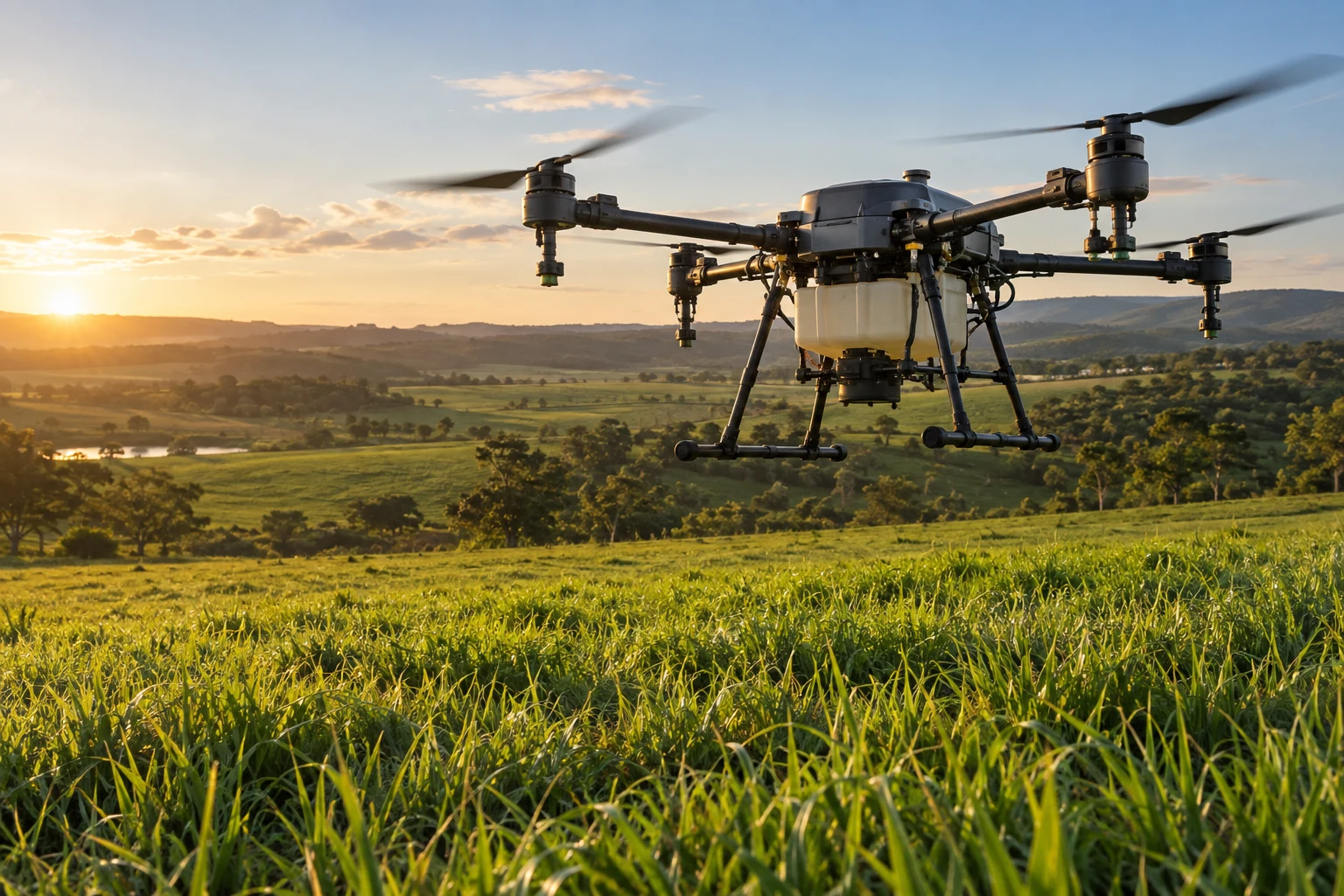 Imagem conceitual de drone agrícola sobre uma pastagem