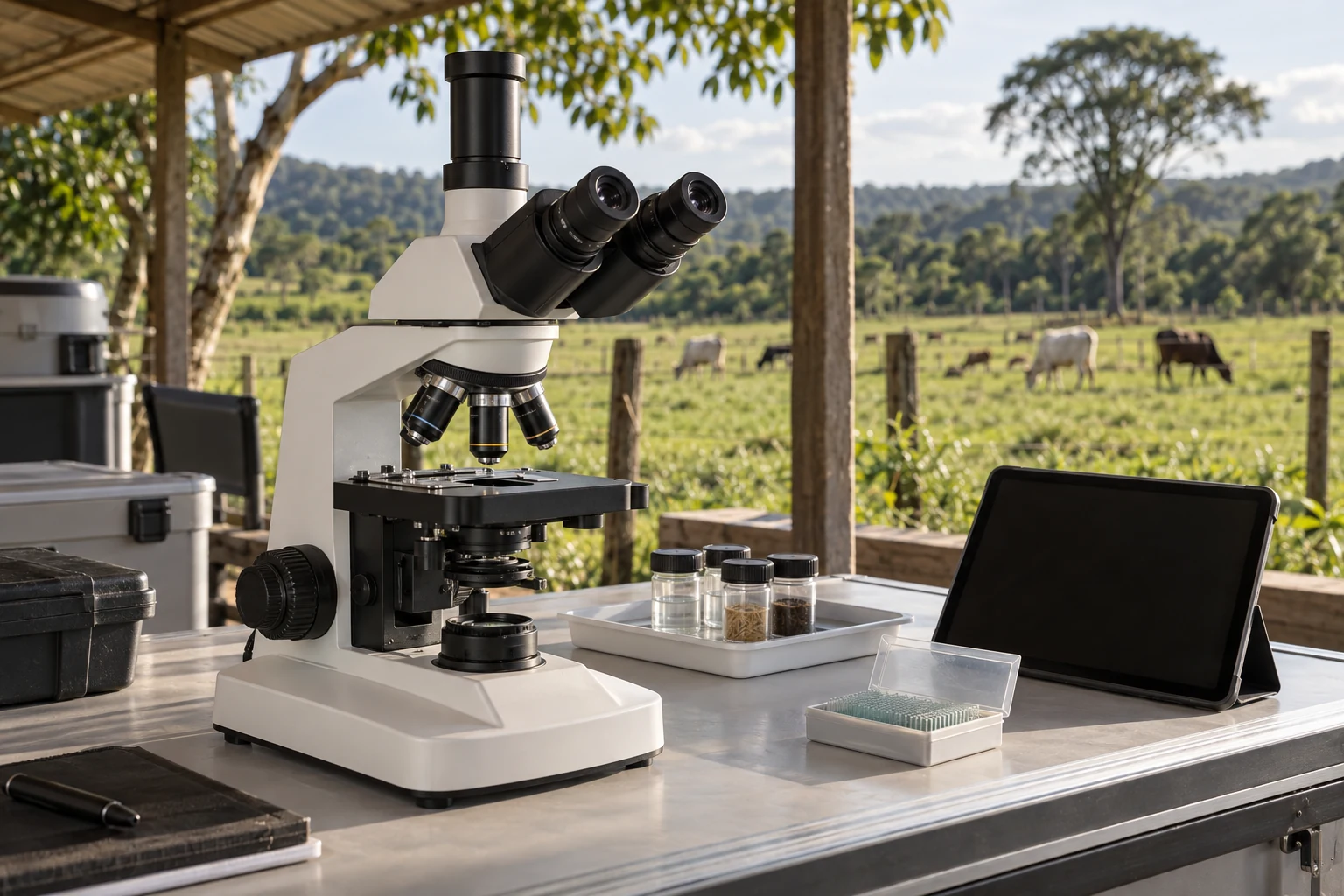 Imagem conceitual de estação móvel de microscopia junto à propriedade rural